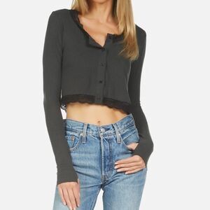 New Michael Lauren ZUKO BUTTON DOWN CROP TOP LONG SLEEVE BLACK LACE